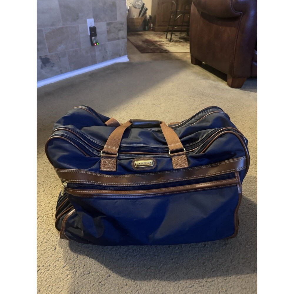VTG Jaguar Bag Weekender Travel Shoulder Duffle Navy Blue Leather Canvas